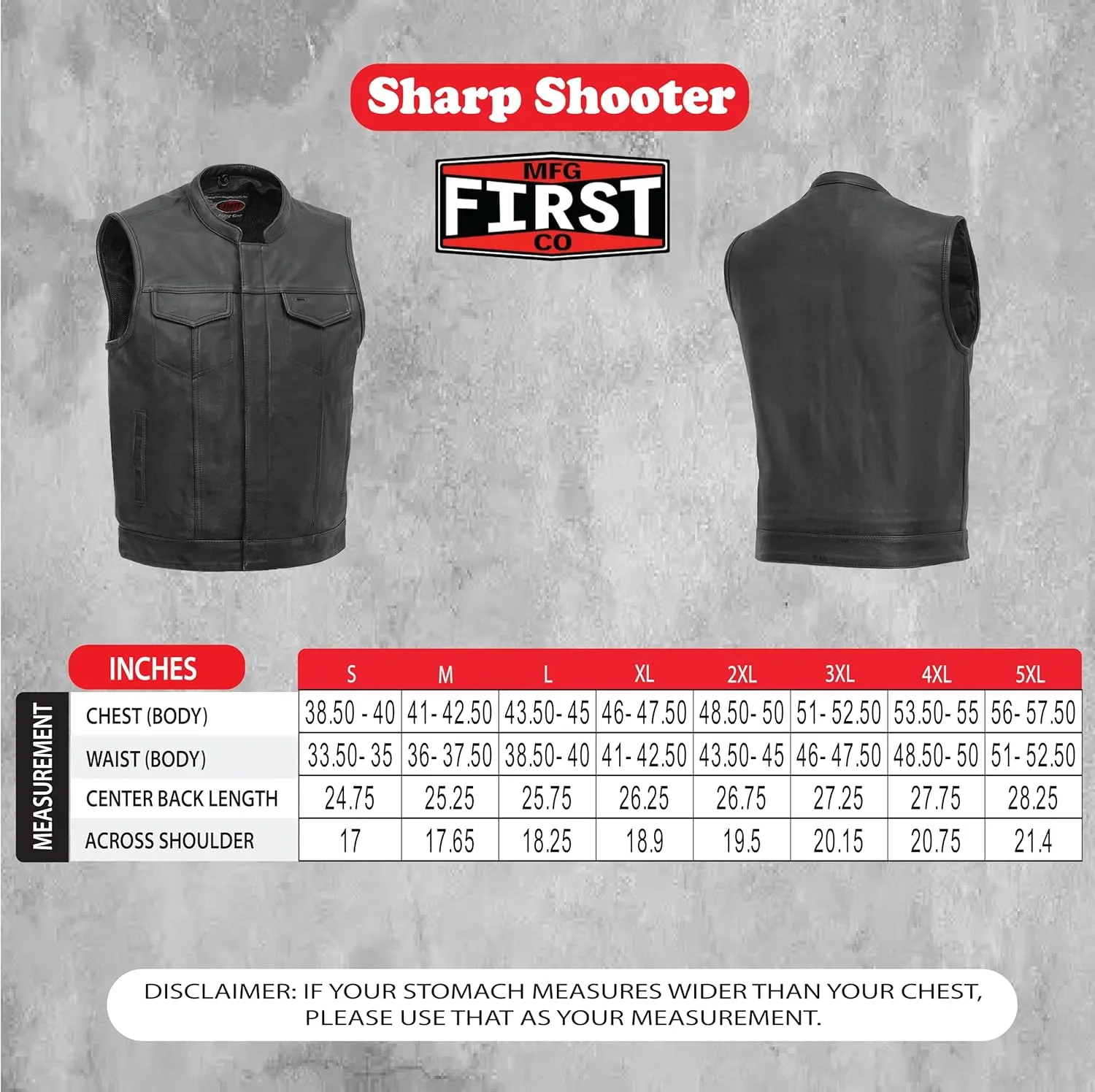 First Mfg Co Sharp Shooter Men's Motorcycle leather Vest - Classic Black Leather, Banded Collar, Covered Snaps