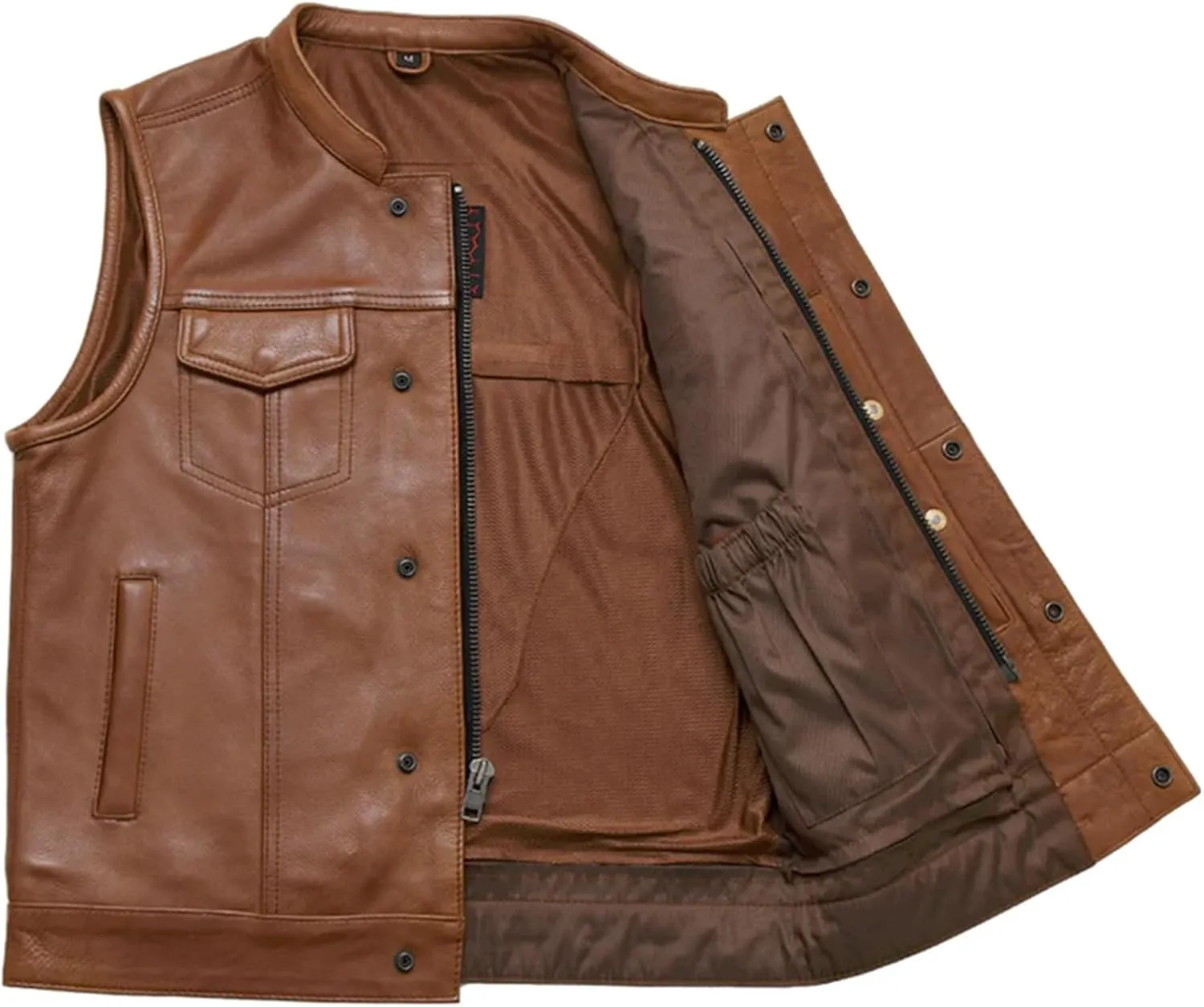First Mfg Co Sharp Shooter Men's Motorcycle leather Vest - Classic Black Leather, Banded Collar, Covered Snaps