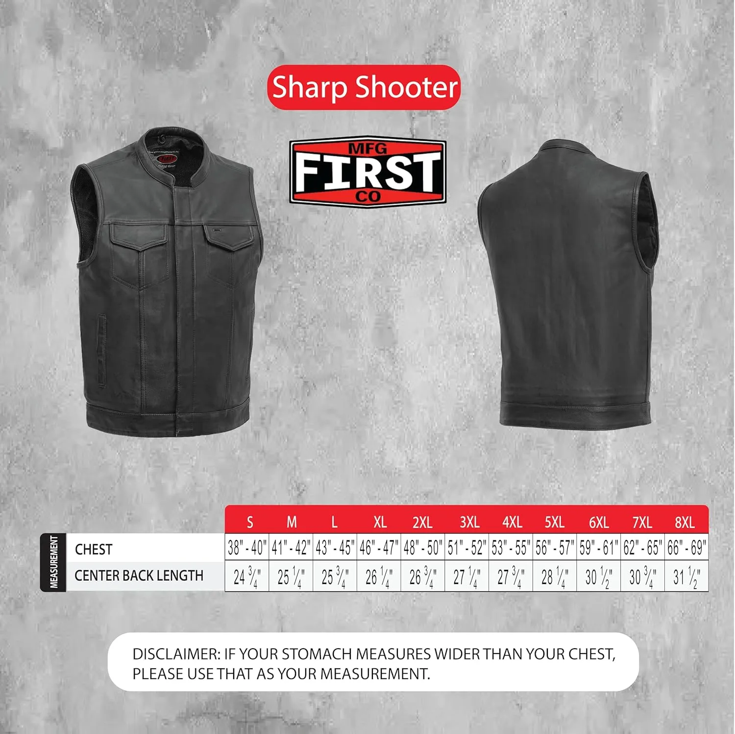 First Mfg Co Sharp Shooter Men's Motorcycle leather Vest - Classic Black Leather, Banded Collar, Covered Snaps