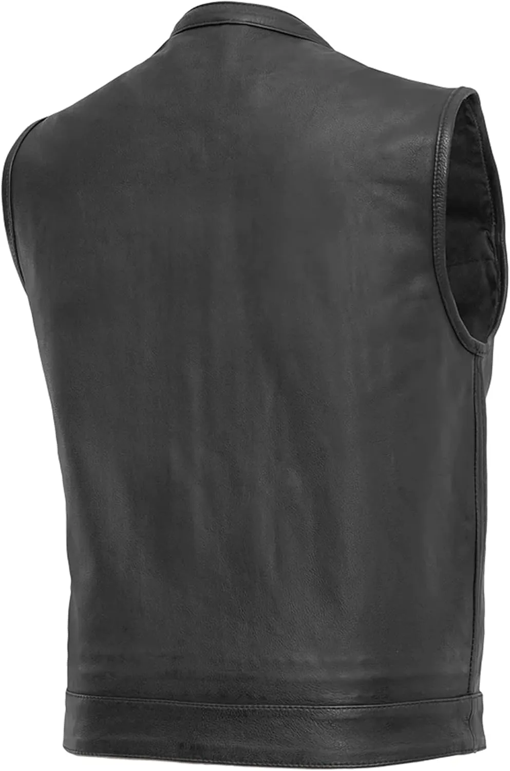 First Mfg Co Sharp Shooter Men's Motorcycle leather Vest - Classic Black Leather, Banded Collar, Covered Snaps
