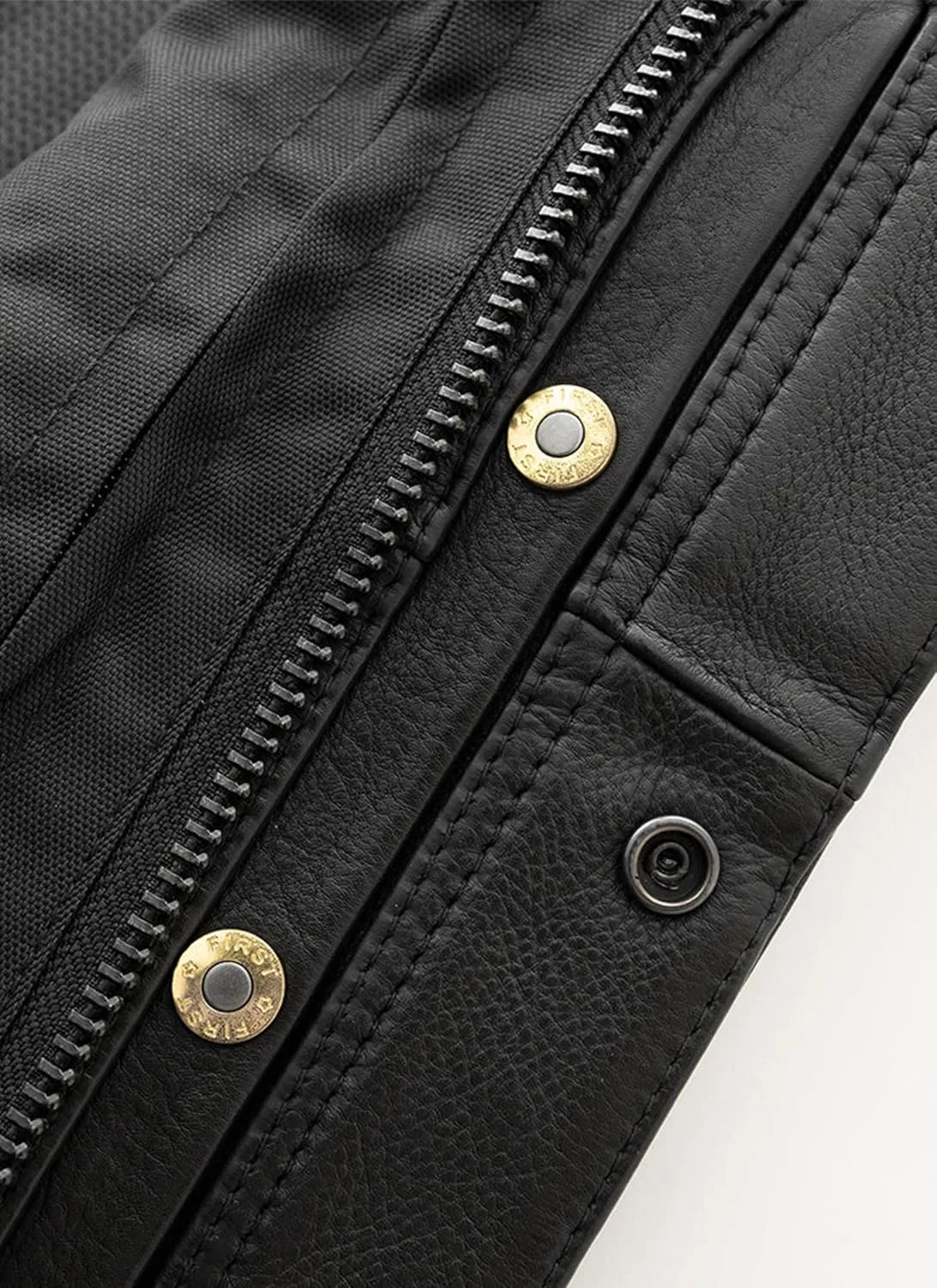 First Mfg Co Sharp Shooter Men's Motorcycle leather Vest - Classic Black Leather, Banded Collar, Covered Snaps