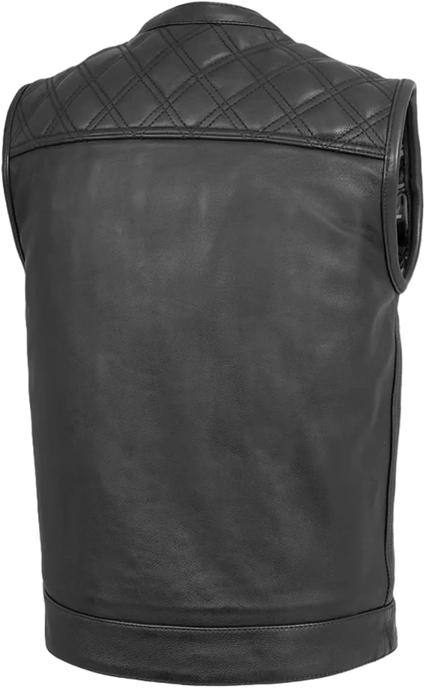 FIRST MFG CO Signature Club Style Leather Vest - Diamond Cowhide Leather, Conceal Carry Pockets, Satin Liner