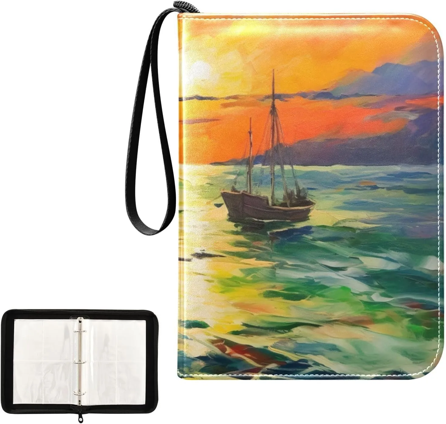 Fishing Boat Painting Card Binder 4-Pocket, 400 Pockets Trading Cards Holder Games Card Albums Storage Organizer Case for Football, Baseball Cards