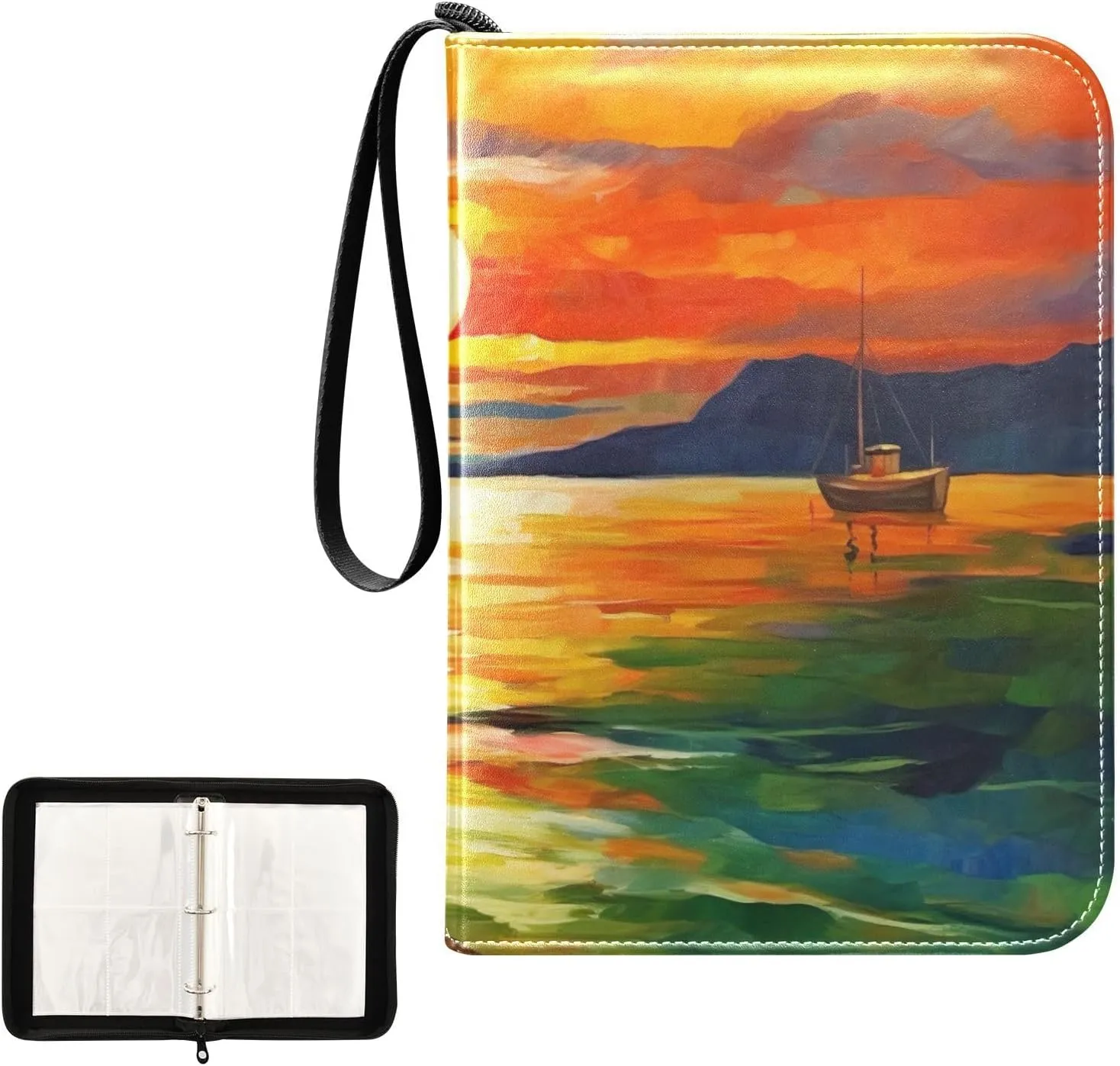 Fishing Boat Painting Card Binder 4-Pocket, 400 Pockets Trading Cards Holder Games Card Albums Storage Organizer Case for Football, Baseball Cards