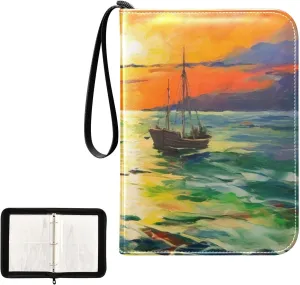 Fishing Boat Painting Card Binder 4-Pocket, 400 Pockets Trading Cards Holder Games Card Albums Storage Organizer Case for Football, Baseball Cards