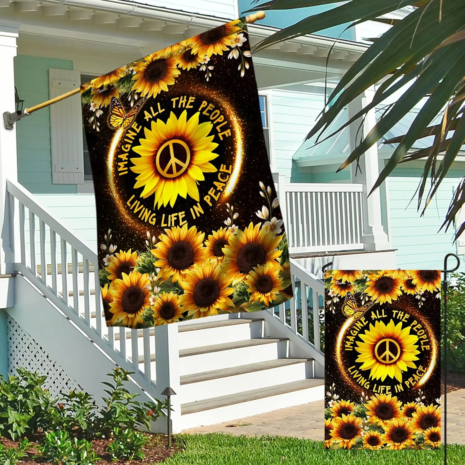 FLAGWIX 30x40 House Flag, Sunflower, Hippie Peace Flag - Double Sided, Heavy Duty Canvas, Fade Resistant - House Flags, Decorations For Home, Outside, Indoor, Outdoor Decor Flag with Grommets