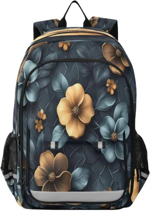 Floral and Hexagonal Pattern Multi Compartment Student Backpack Reflective Stripes Travel Bag Casual Daypack School Bags for Boys Girls
