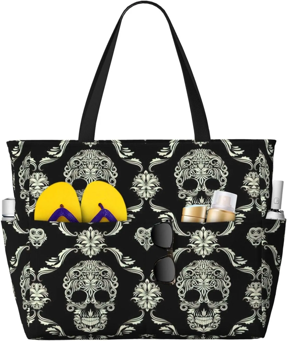 Flowers Skull Ornamental Patternprint Large Capacity Beach Travel Bag,With Zipper And Pockets For Travel Vacation Gym