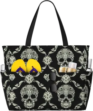 Flowers Skull Ornamental Patternprint Large Capacity Beach Travel Bag,With Zipper And Pockets For Travel Vacation Gym