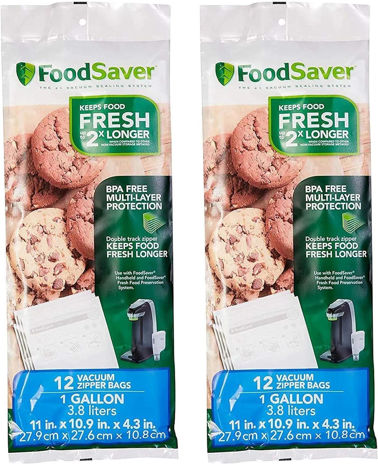 FoodSaver FSFRBZ0316-000 1-Gallon Vacuum Zipper Bags, 12 Count, Multi 2-Pack