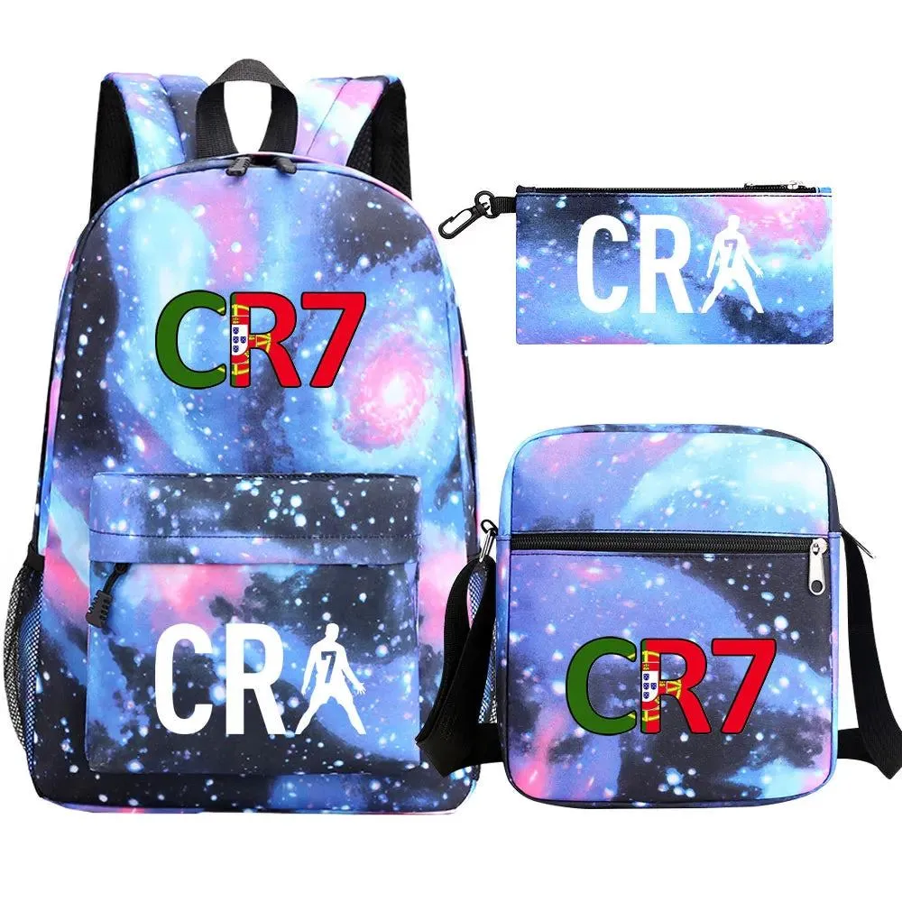 Football CR7 Backpack 3pcs/Set Cartoon School Bags for Teenagers Travel Outdoors Waterproof Schoolbag Children Boy Girl