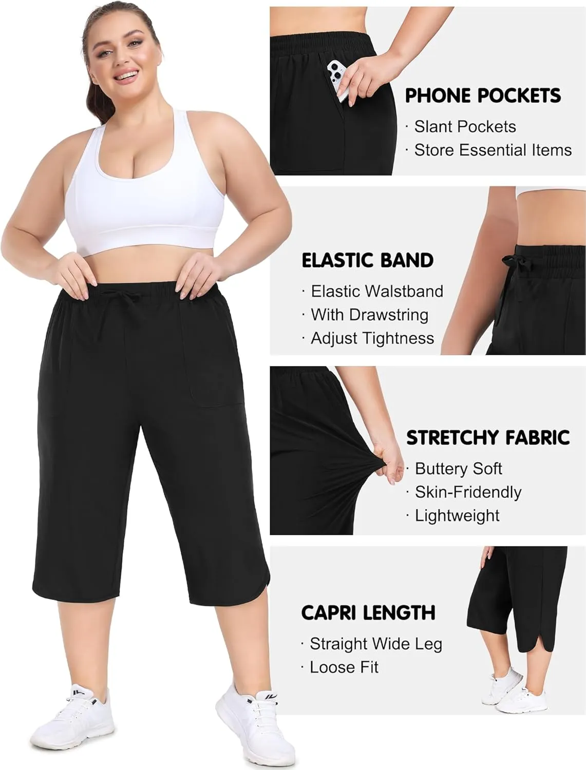 FOREYOND Womens Plus Size Capris Pants Quick Dry Loose Casual Workout Pants with Pockets 1XL-5XL