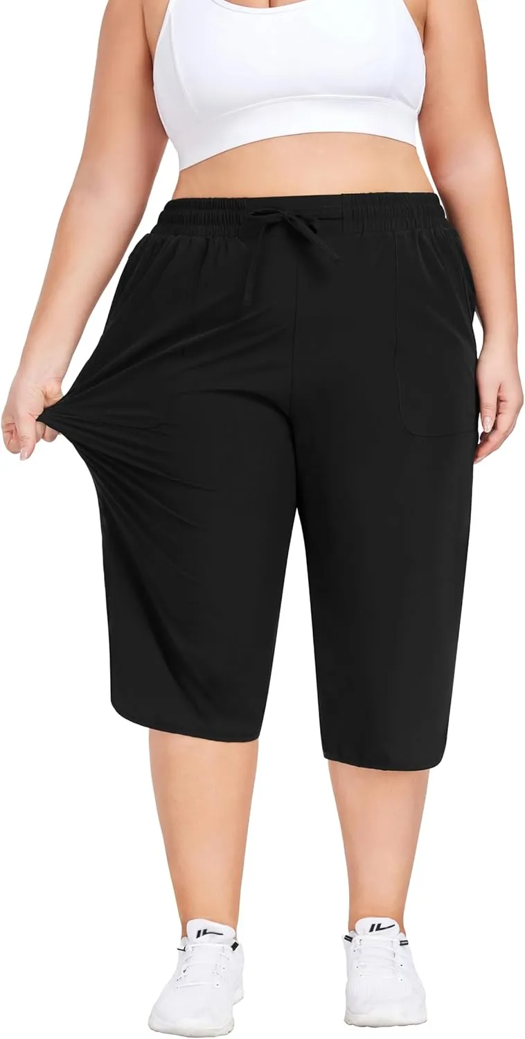 FOREYOND Womens Plus Size Capris Pants Quick Dry Loose Casual Workout Pants with Pockets 1XL-5XL