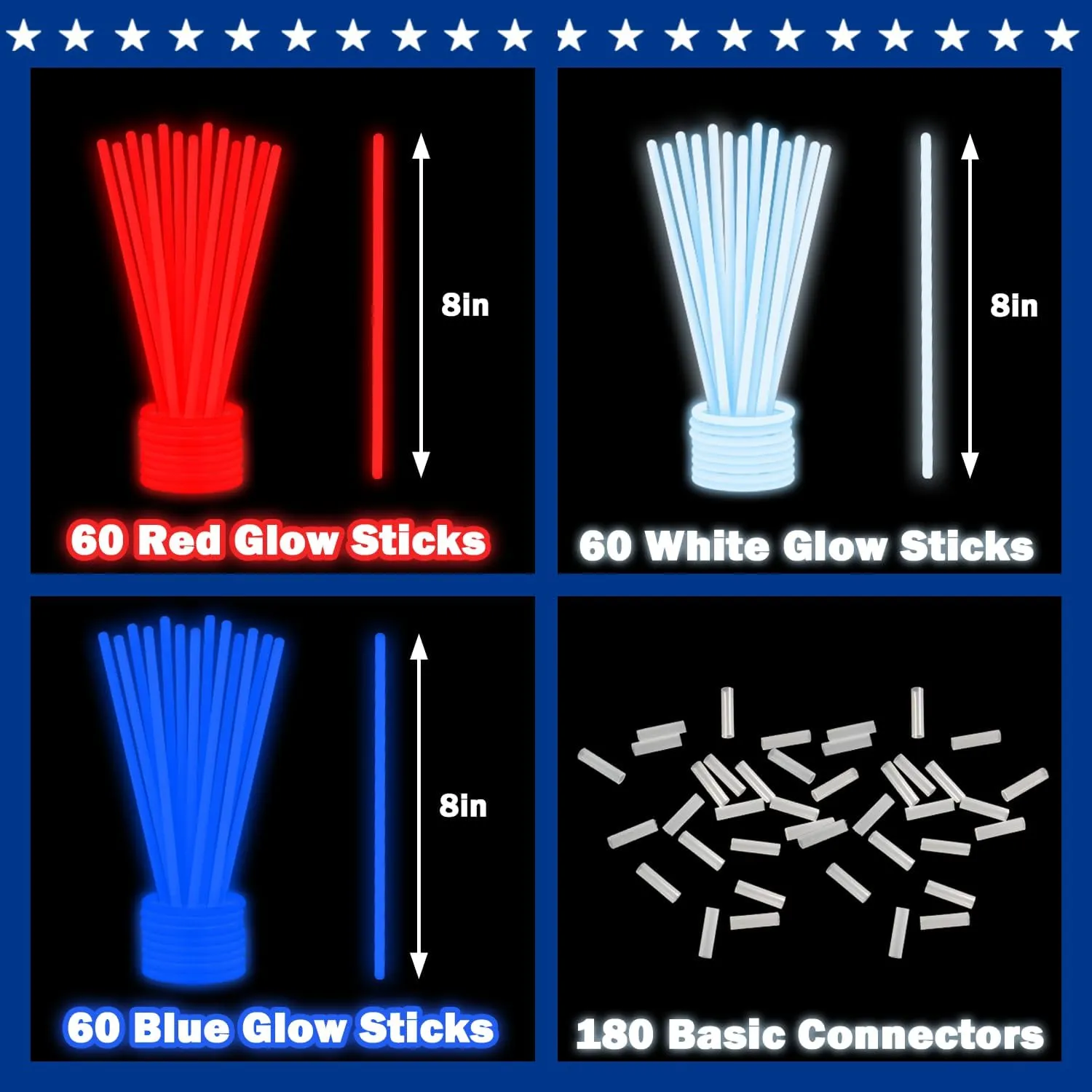 Fourth of July Light up Accessories Necklaces Bracelets for Kids Bulk, 180 PCS Red White Blue Glow Sticks Party Pack, 4th of July Parade Throws Favors, Patriotic Decorations Gift Treat Bags Stuffers