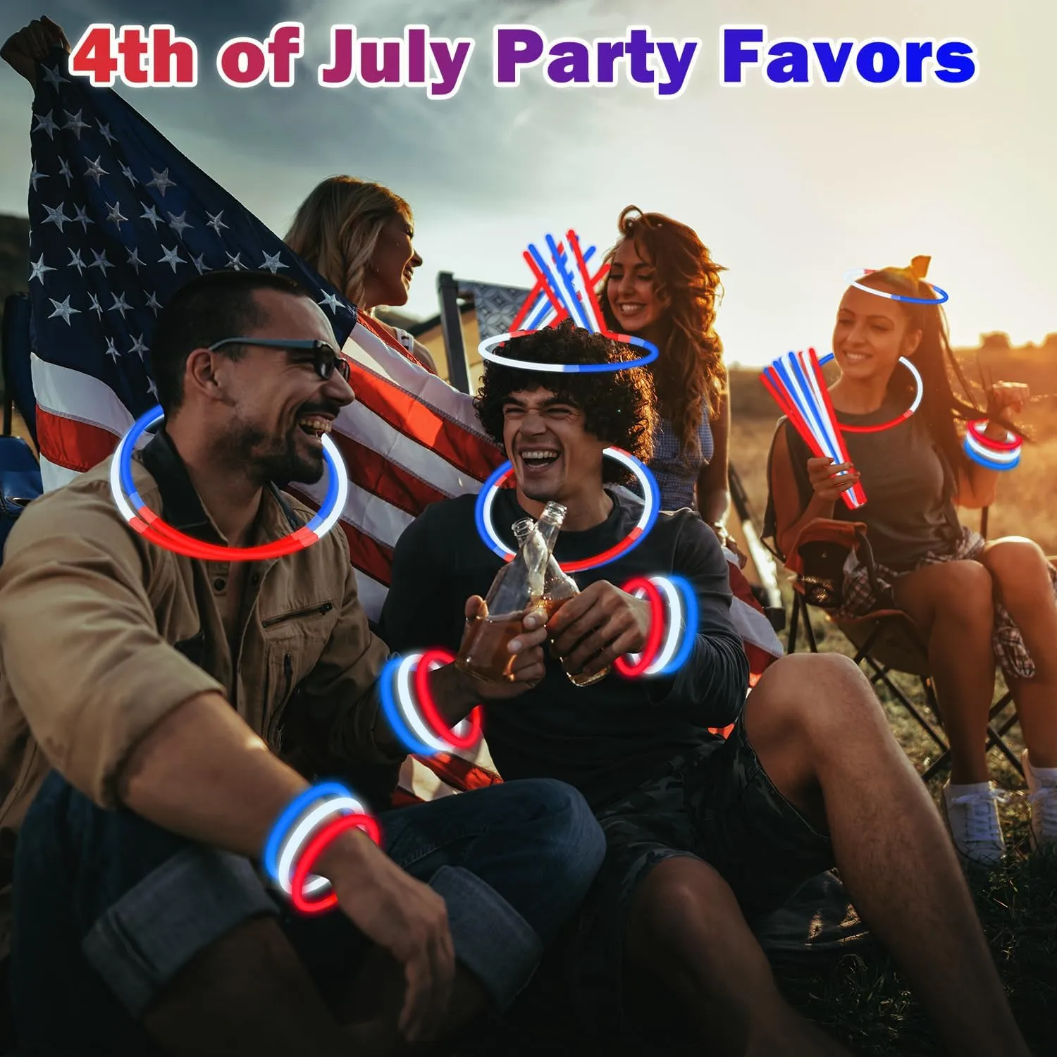 Fourth of July Light up Accessories Necklaces Bracelets for Kids Bulk, 180 PCS Red White Blue Glow Sticks Party Pack, 4th of July Parade Throws Favors, Patriotic Decorations Gift Treat Bags Stuffers