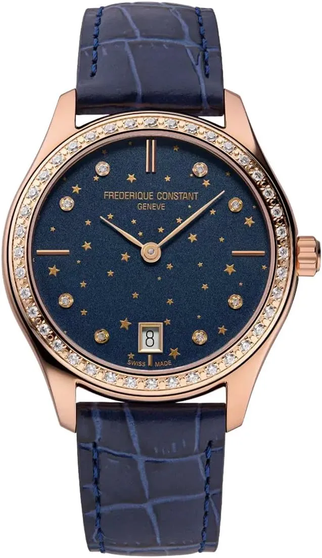 Frederique Constant Ladies' Swiss Made Classic Moon and Stars Quartz Diamond Accent Rose Gold Plated Case Watch and Navy Leather Strap, Style: FC-220NSD3BD4