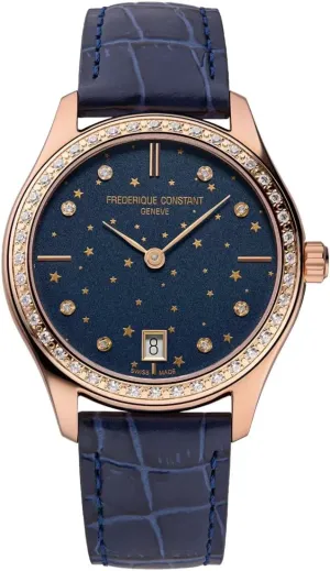 Frederique Constant Ladies' Swiss Made Classic Moon and Stars Quartz Diamond Accent Rose Gold Plated Case Watch and Navy Leather Strap, Style: FC-220NSD3BD4