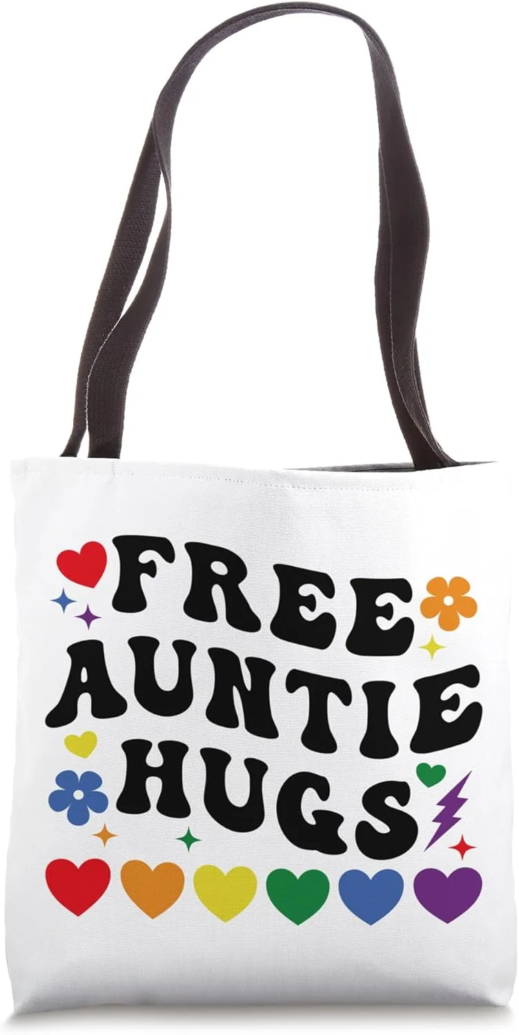 Free Auntie Hugs Gay Pride Aunt Rainbow Groovy LGBT LGBTQ Tote Bag