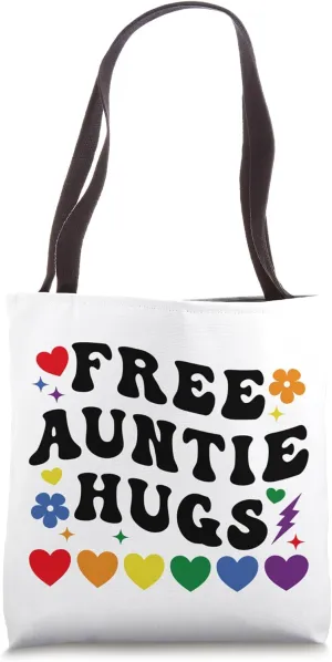 Free Auntie Hugs Gay Pride Aunt Rainbow Groovy LGBT LGBTQ Tote Bag