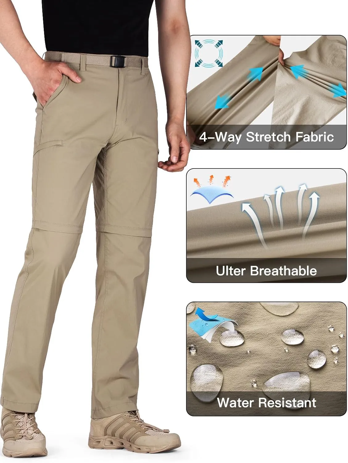 FREE SOLDIER Men's Outdoor Convertible Hiking Pants with Belt Lightweight Quick Dry Tactical Cargo Pants Nylon Spandex