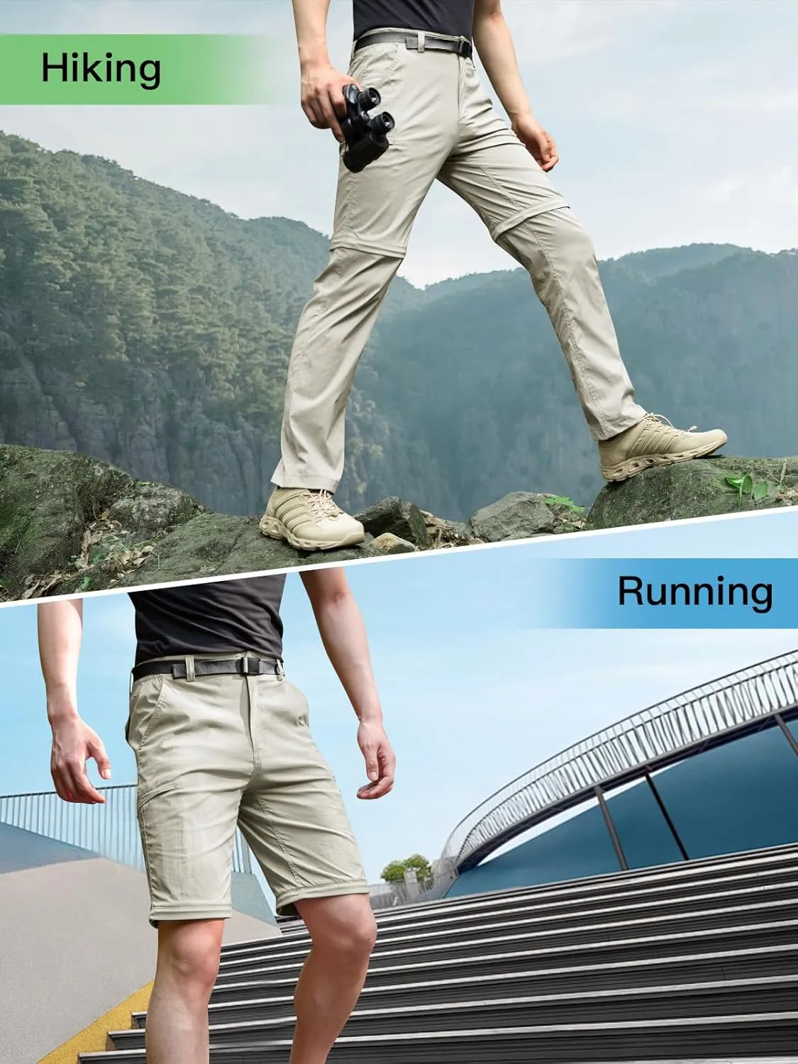 FREE SOLDIER Men's Outdoor Convertible Hiking Pants with Belt Lightweight Quick Dry Tactical Cargo Pants Nylon Spandex
