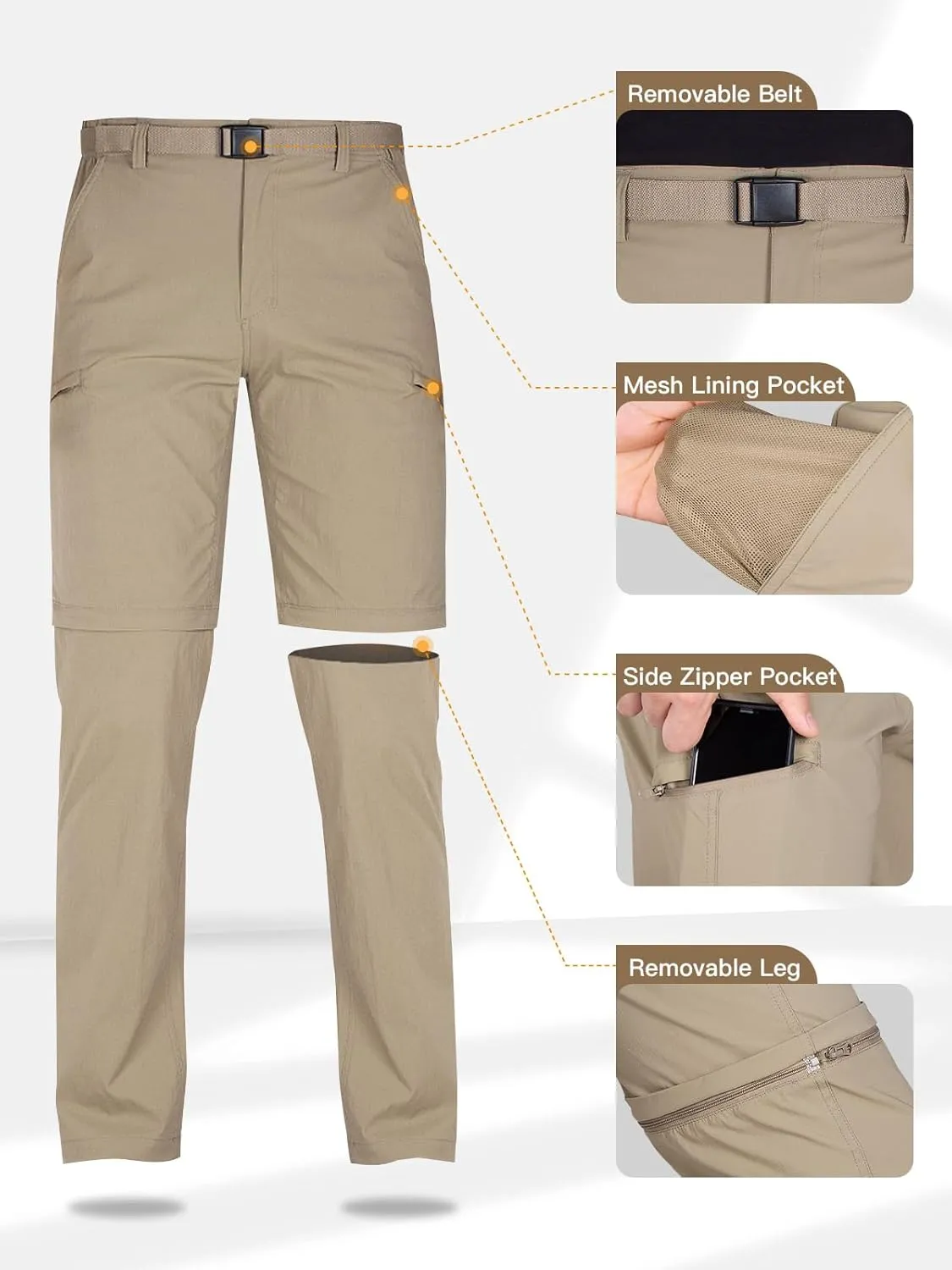 FREE SOLDIER Men's Outdoor Convertible Hiking Pants with Belt Lightweight Quick Dry Tactical Cargo Pants Nylon Spandex