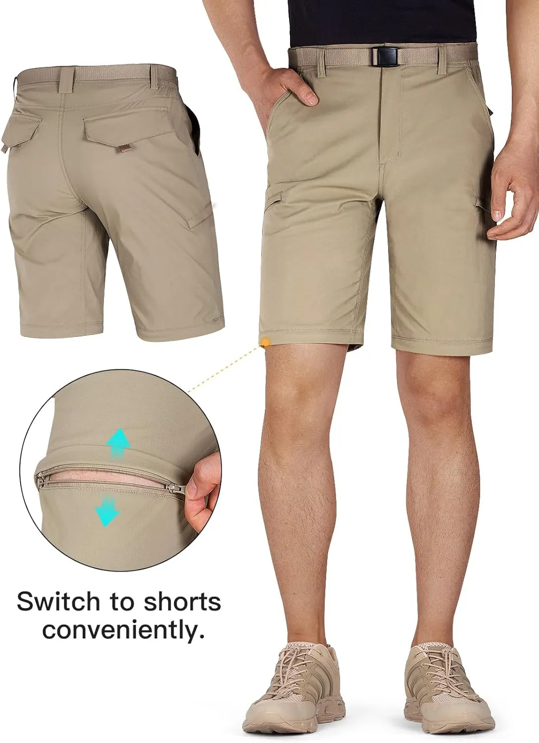 FREE SOLDIER Men's Outdoor Convertible Hiking Pants with Belt Lightweight Quick Dry Tactical Cargo Pants Nylon Spandex