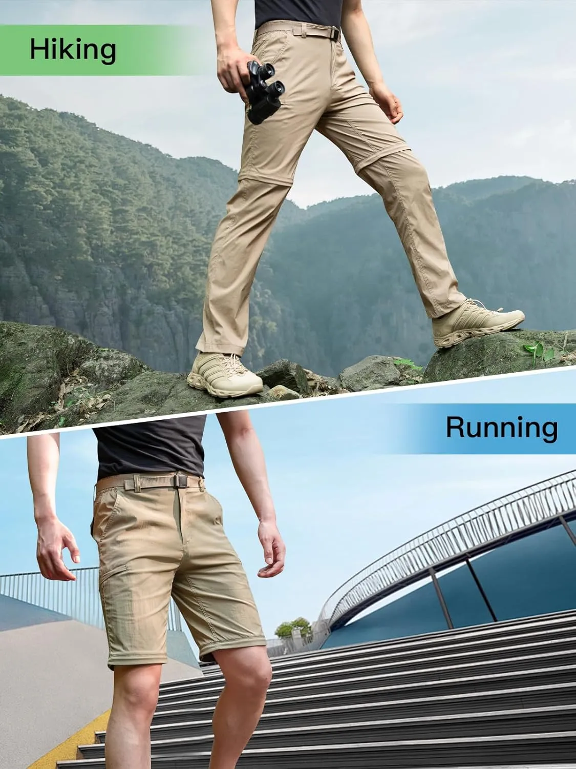 FREE SOLDIER Men's Outdoor Convertible Hiking Pants with Belt Lightweight Quick Dry Tactical Cargo Pants Nylon Spandex