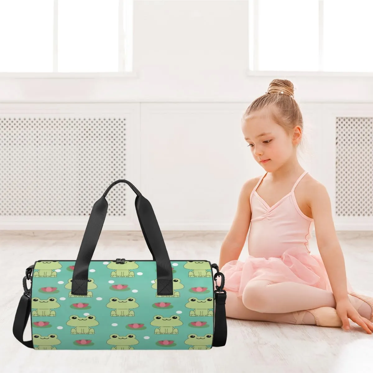 Frog And Lotus Pattern Sports Duffel Bag with Shoulder Strap, Large Capacity Gym Bag with Shoe Compartment, Water Resistant Travel Duffle Bag for Men Women Travel, Sports (17.6x9x9 Inch)