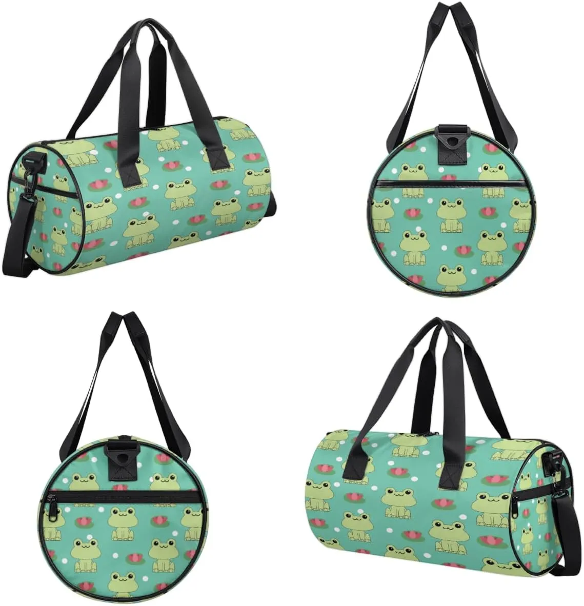Frog And Lotus Pattern Sports Duffel Bag with Shoulder Strap, Large Capacity Gym Bag with Shoe Compartment, Water Resistant Travel Duffle Bag for Men Women Travel, Sports (17.6x9x9 Inch)