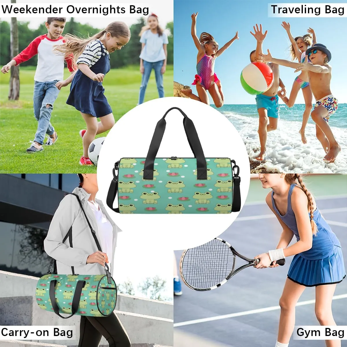 Frog And Lotus Pattern Sports Duffel Bag with Shoulder Strap, Large Capacity Gym Bag with Shoe Compartment, Water Resistant Travel Duffle Bag for Men Women Travel, Sports (17.6x9x9 Inch)