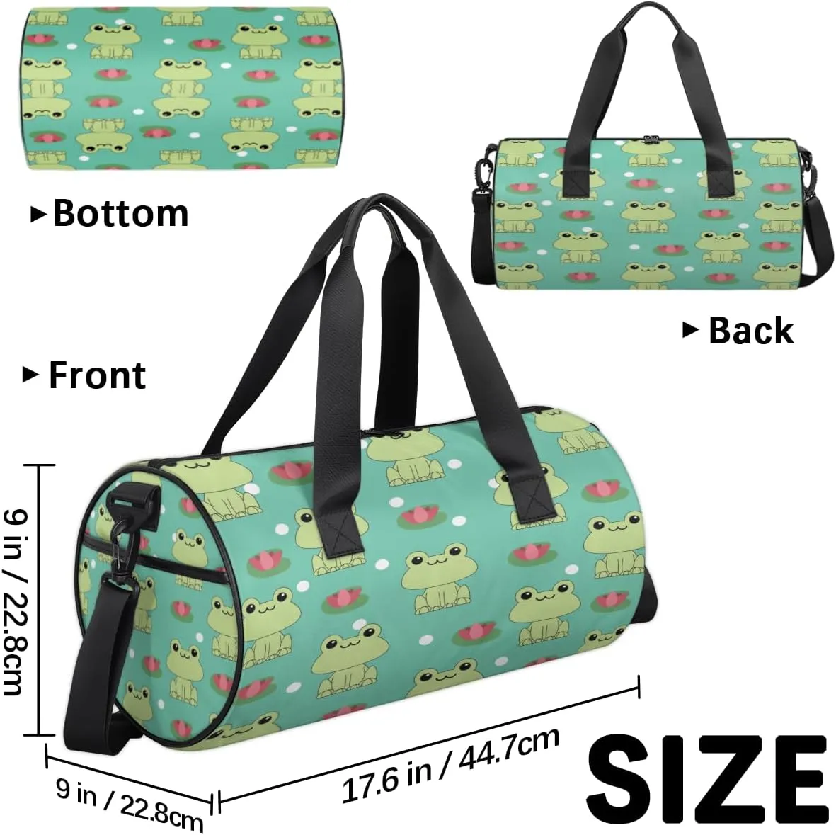 Frog And Lotus Pattern Sports Duffel Bag with Shoulder Strap, Large Capacity Gym Bag with Shoe Compartment, Water Resistant Travel Duffle Bag for Men Women Travel, Sports (17.6x9x9 Inch)
