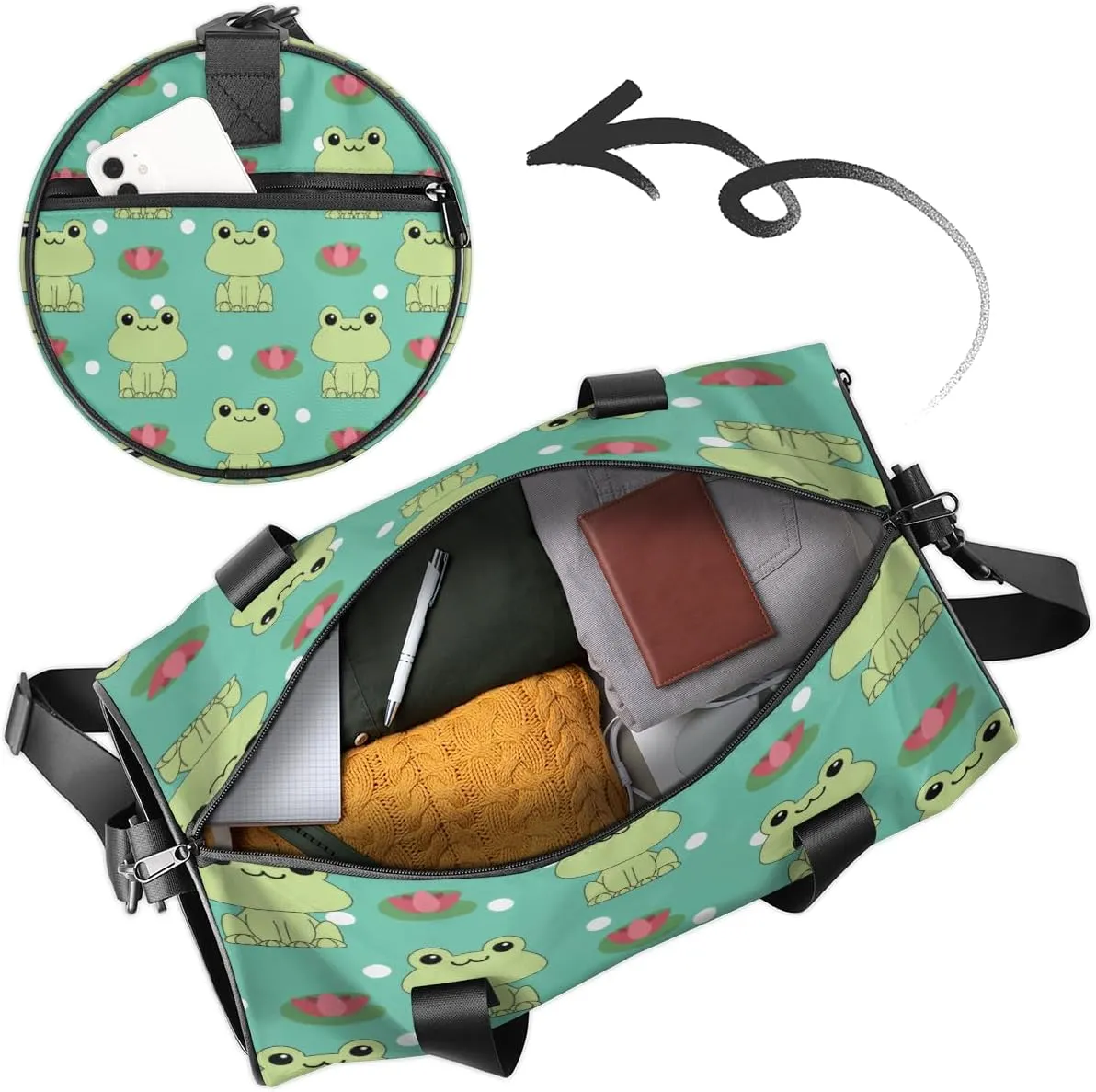 Frog And Lotus Pattern Sports Duffel Bag with Shoulder Strap, Large Capacity Gym Bag with Shoe Compartment, Water Resistant Travel Duffle Bag for Men Women Travel, Sports (17.6x9x9 Inch)