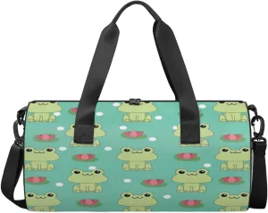 Frog And Lotus Pattern Sports Duffel Bag with Shoulder Strap, Large Capacity Gym Bag with Shoe Compartment, Water Resistant Travel Duffle Bag for Men Women Travel, Sports (17.6x9x9 Inch)