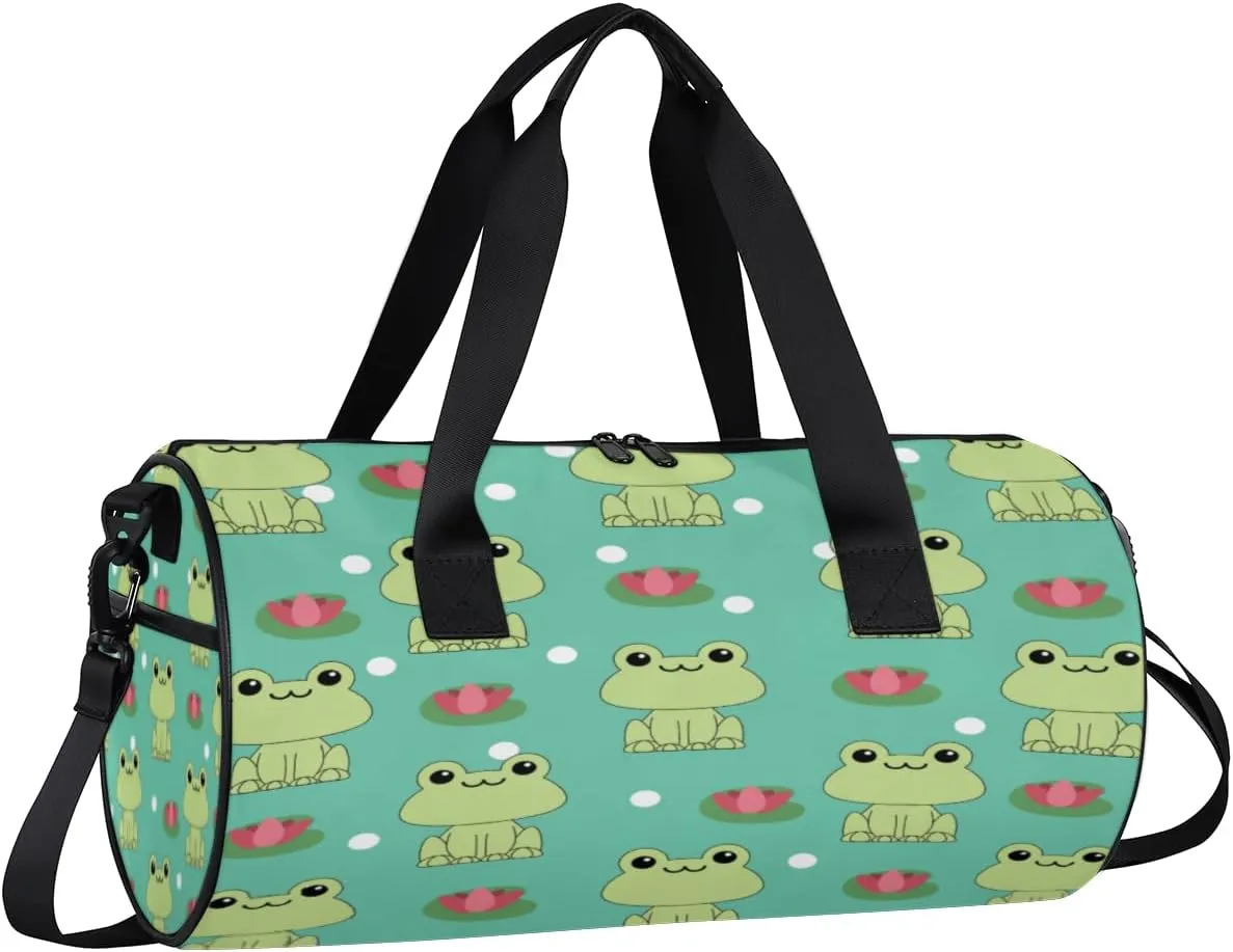 Frog And Lotus Pattern Sports Duffel Bag with Shoulder Strap, Large Capacity Gym Bag with Shoe Compartment, Water Resistant Travel Duffle Bag for Men Women Travel, Sports (17.6x9x9 Inch)