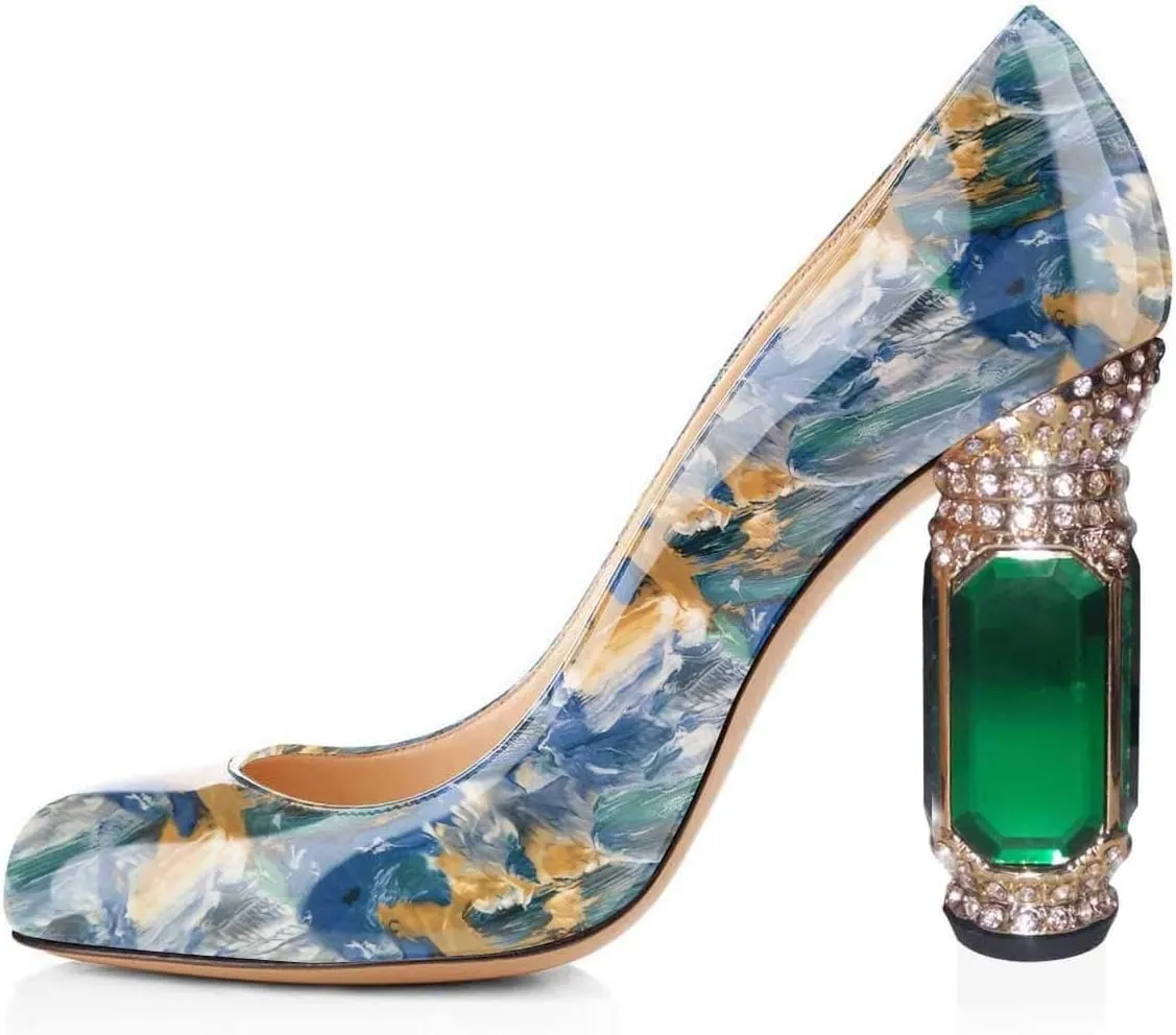 FSJ Women Stylish Closed Toe Rhinestone Emerald Chunky High Heel Pumps Rivets Slip on Party Evening Business Shoes Size 4-15 US