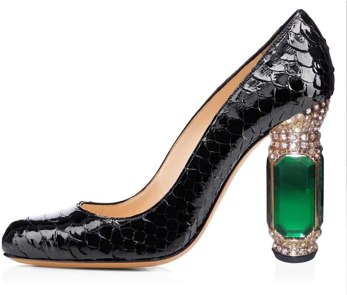 FSJ Women Stylish Closed Toe Rhinestone Emerald Chunky High Heel Pumps Rivets Slip on Party Evening Business Shoes Size 4-15 US