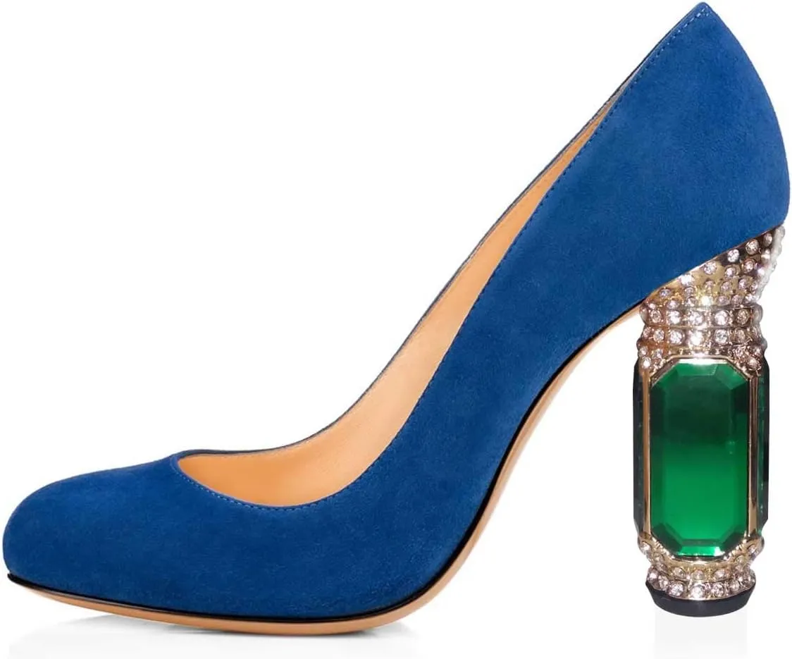 FSJ Women Stylish Closed Toe Rhinestone Emerald Chunky High Heel Pumps Rivets Slip on Party Evening Business Shoes Size 4-15 US