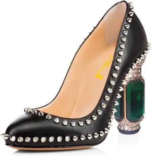 FSJ Women Stylish Closed Toe Rhinestone Emerald Chunky High Heel Pumps Rivets Slip on Party Evening Business Shoes Size 4-15 US