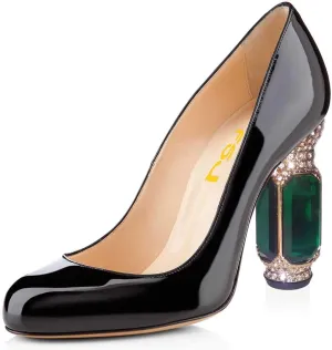 FSJ Women Stylish Closed Toe Rhinestone Emerald Chunky High Heel Pumps Rivets Slip on Party Evening Business Shoes Size 4-15 US