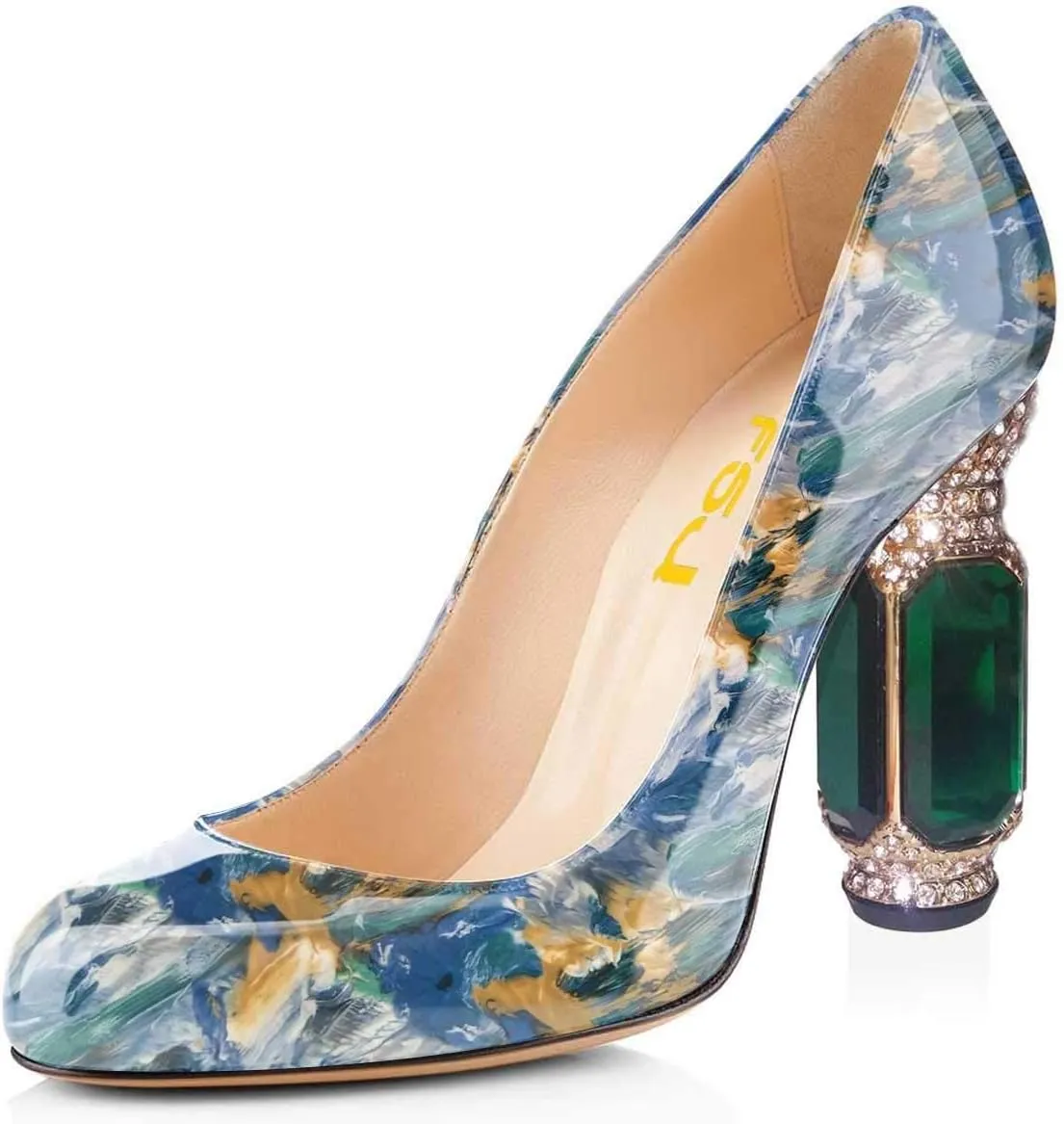 FSJ Women Stylish Closed Toe Rhinestone Emerald Chunky High Heel Pumps Rivets Slip on Party Evening Business Shoes Size 4-15 US