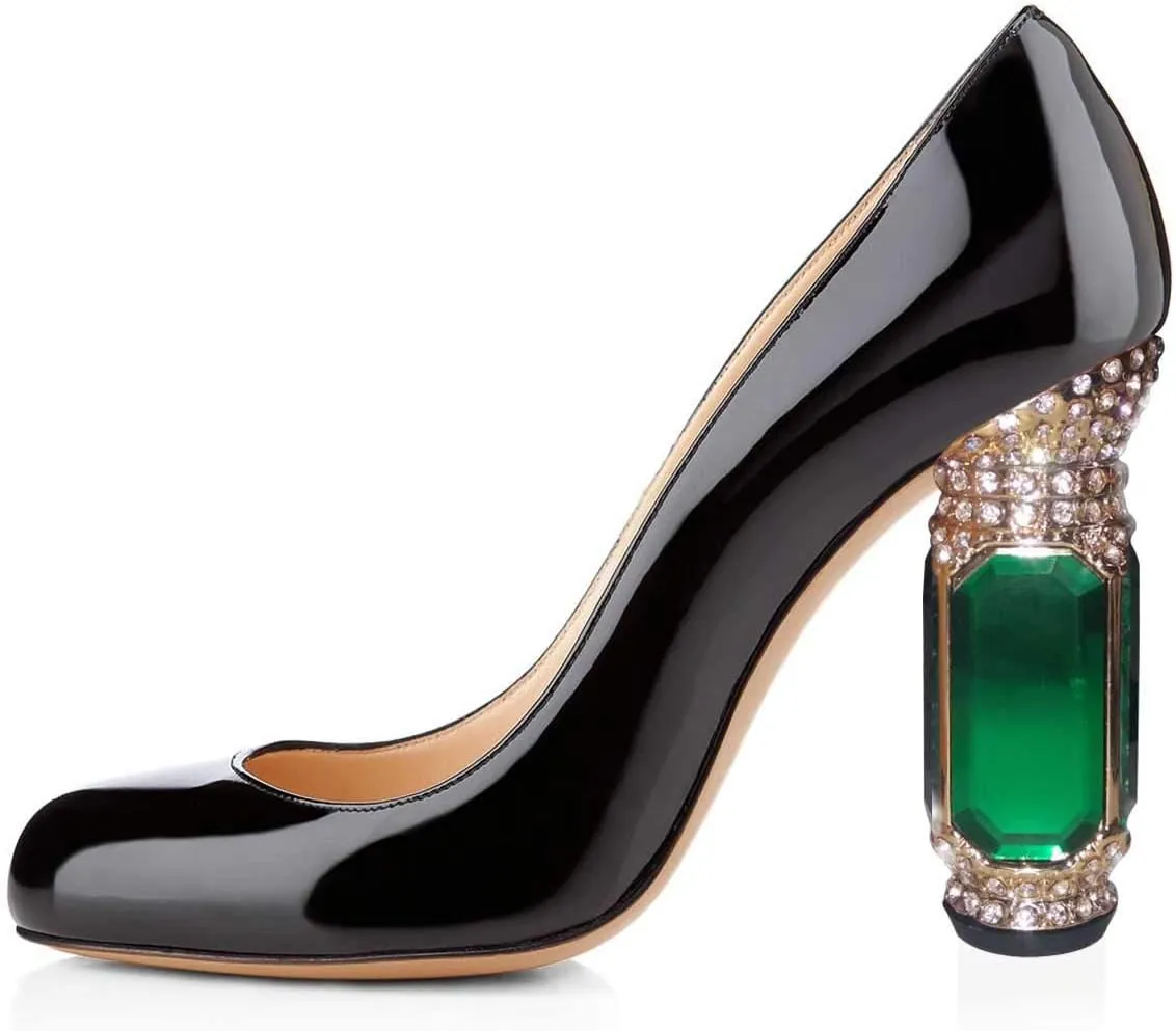 FSJ Women Stylish Closed Toe Rhinestone Emerald Chunky High Heel Pumps Rivets Slip on Party Evening Business Shoes Size 4-15 US