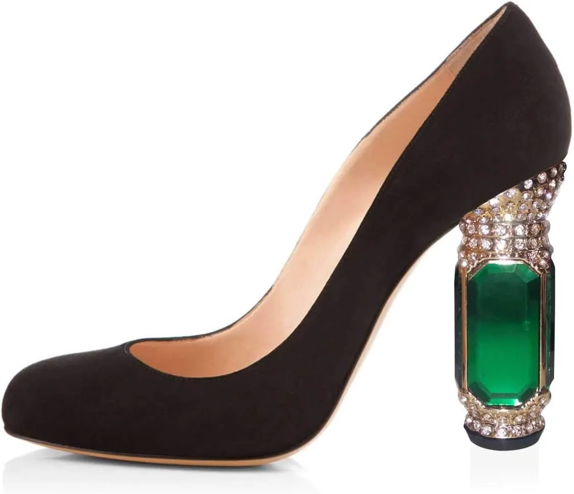 FSJ Women Stylish Closed Toe Rhinestone Emerald Chunky High Heel Pumps Rivets Slip on Party Evening Business Shoes Size 4-15 US