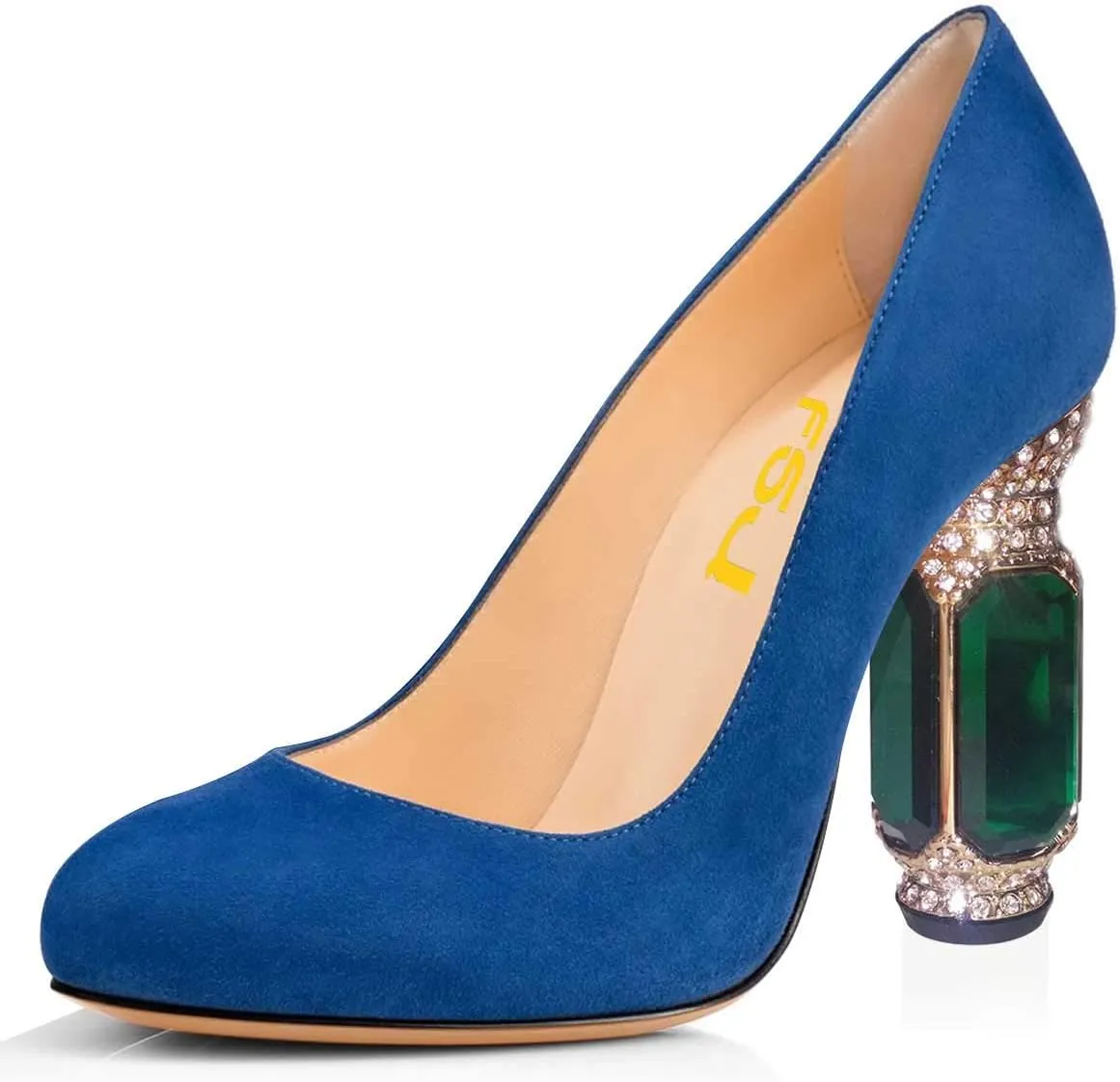 FSJ Women Stylish Closed Toe Rhinestone Emerald Chunky High Heel Pumps Rivets Slip on Party Evening Business Shoes Size 4-15 US