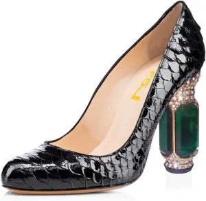 FSJ Women Stylish Closed Toe Rhinestone Emerald Chunky High Heel Pumps Rivets Slip on Party Evening Business Shoes Size 4-15 US