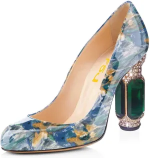 FSJ Women Stylish Closed Toe Rhinestone Emerald Chunky High Heel Pumps Rivets Slip on Party Evening Business Shoes Size 4-15 US
