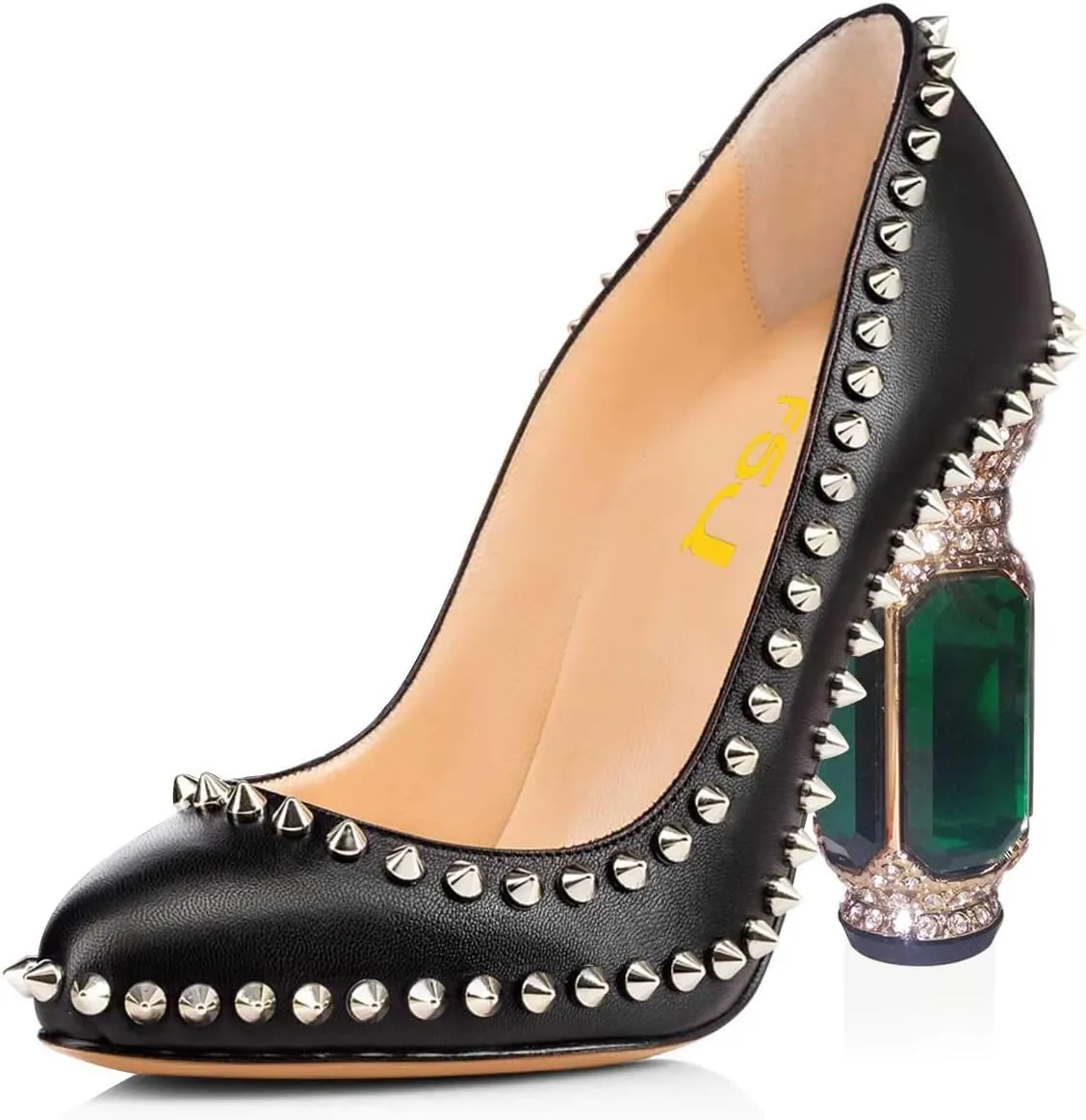 FSJ Women Stylish Closed Toe Rhinestone Emerald Chunky High Heel Pumps Rivets Slip on Party Evening Business Shoes Size 4-15 US