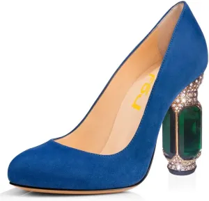 FSJ Women Stylish Closed Toe Rhinestone Emerald Chunky High Heel Pumps Rivets Slip on Party Evening Business Shoes Size 4-15 US