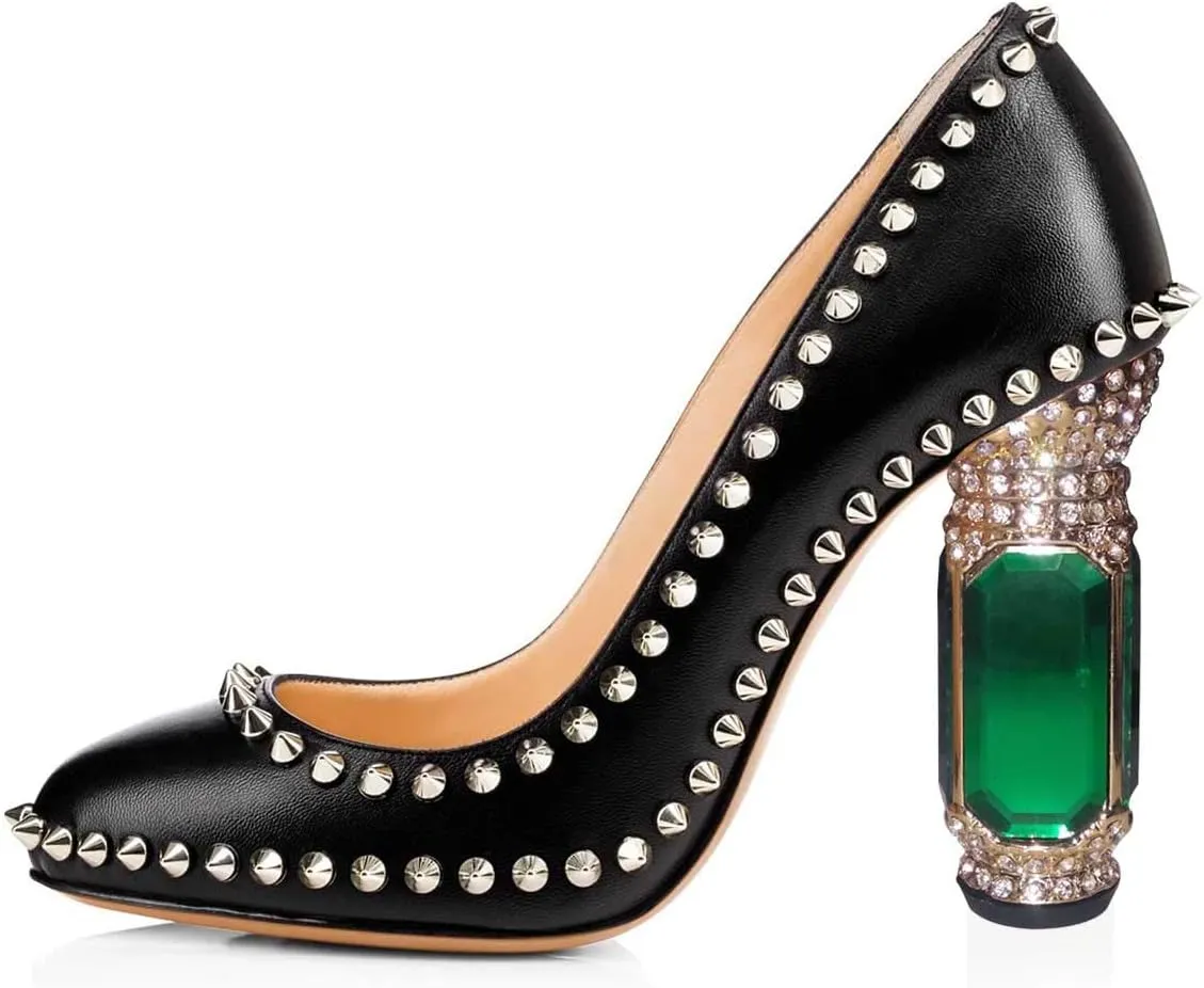 FSJ Women Stylish Closed Toe Rhinestone Emerald Chunky High Heel Pumps Rivets Slip on Party Evening Business Shoes Size 4-15 US