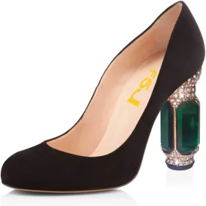 FSJ Women Stylish Closed Toe Rhinestone Emerald Chunky High Heel Pumps Rivets Slip on Party Evening Business Shoes Size 4-15 US